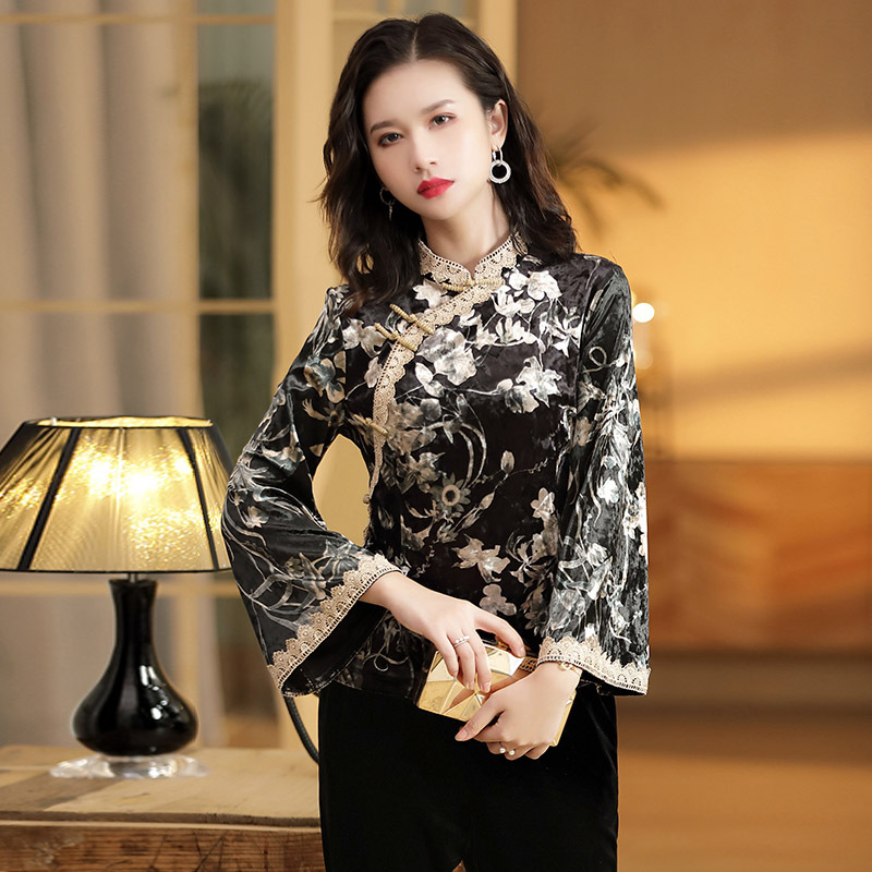 Lace Hem Floral Print Velvet Cheongsam Qipao Shirt - Chinese Shirts ...