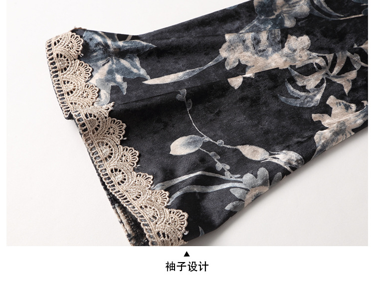 Lace Hem Floral Print Velvet Cheongsam Qipao Shirt - Chinese Shirts ...