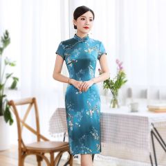 Fetching Floral Print Silk Cheonsgam Chinese Dress Qipao