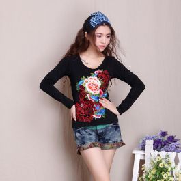 Appealing Embroidery Oriental Style Long Sleeve Shirt - Black