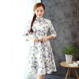 Delightful Butterflies Print Cheongsam Qipao Skirt Dress