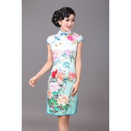 Impressive Peony Flowers Silk Cheongsam Green