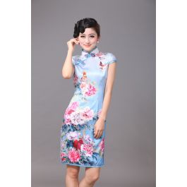 Impressive Peony Flowers Silk Cheongsam Blue