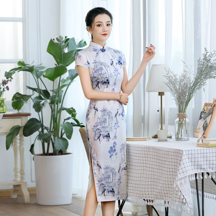 Happy Cranes Linen Chinese Dress Qipao Cheongsam