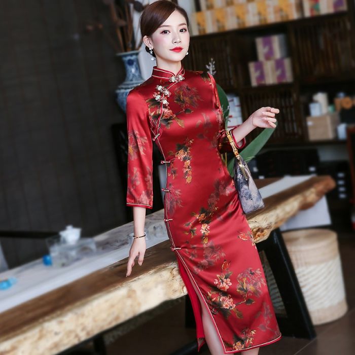 Pretty Silk Chinese Dress Qipao Cheongsam 34 Sleeve