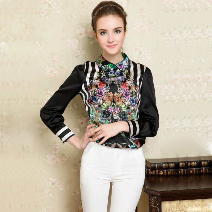 Luxury Silk Fantastic Flower Print Black Blouse