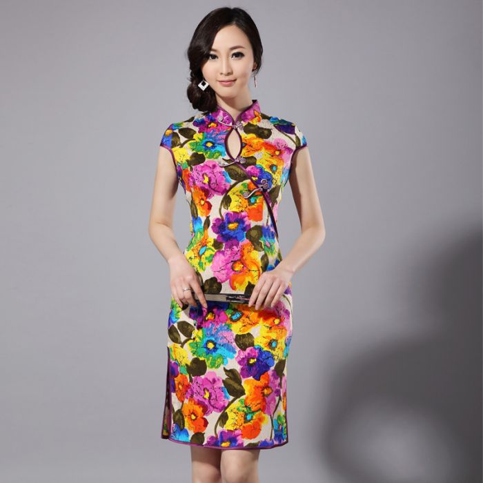 Attractive Brilliant Ink Printing Silk Cheongsam