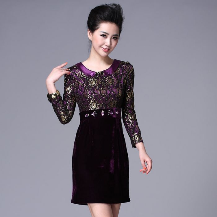 Elegant Scoop Neck Dress - Long Sleeve Purple