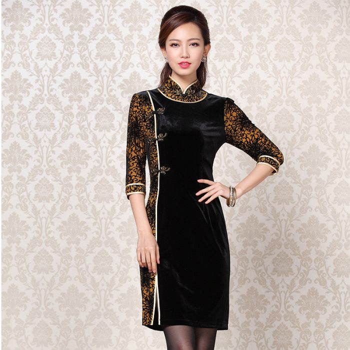 Black and Yellow Modern Short Qipao Dress