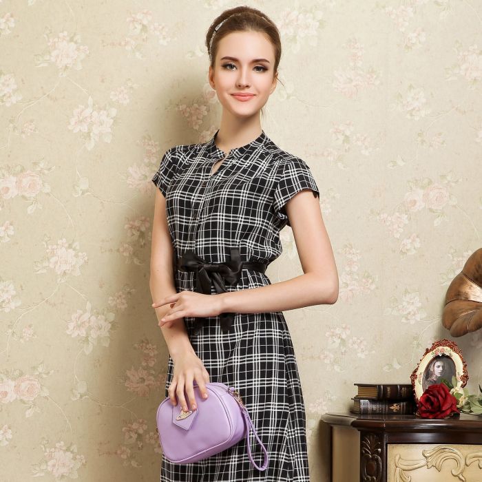 Lovely Plaid Silk Knee Length Dress - Black