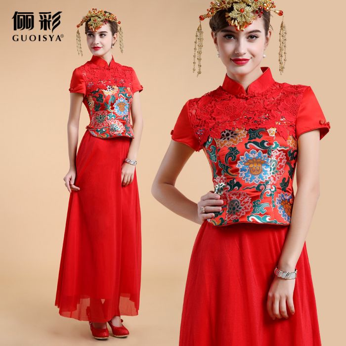 Extravagant Peony Flowers Embroidery Red Cheongsam Suit