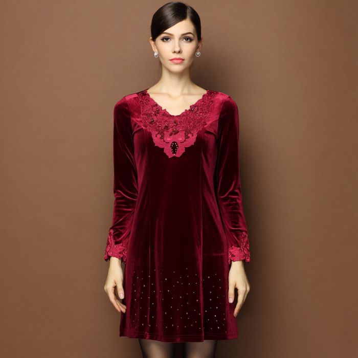 Graceful V Neck Velvet Mandarin Style Dress - Claret