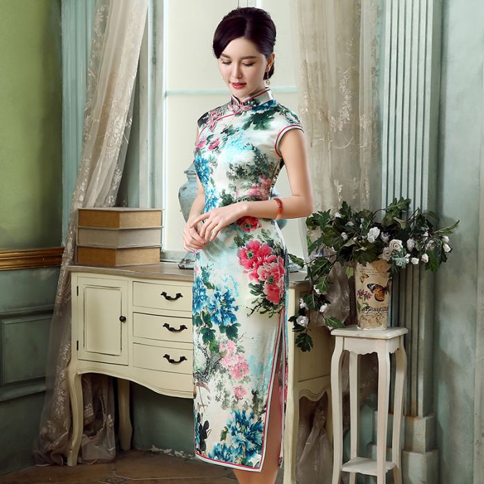 Spectacular Peony Flowers Fine Silk Qipao Cheongsam Dress