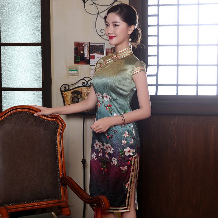 Wonderful Flowers Print Silk Qipao Cheongsam Dress 7543