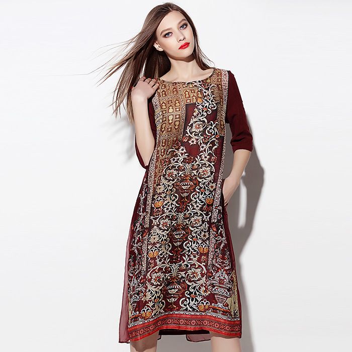 Delightful Paisley Print Silk Chiffon Scoop Neck Dress