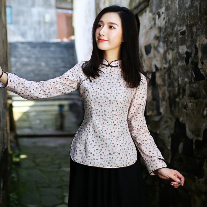 Attractive Print Linen Back Zip Cheongsam Qipao Shirt