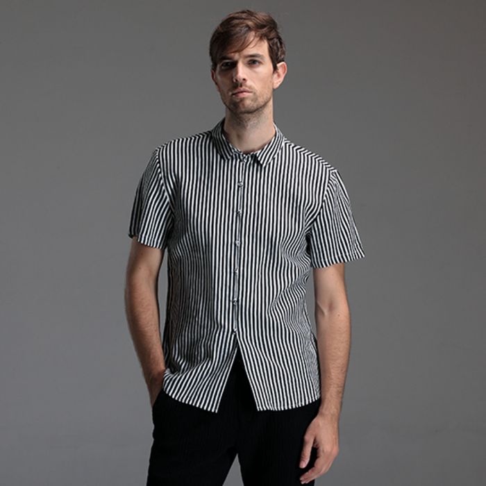 Black and White Stripe Cotton Flax Frog Button Shirt