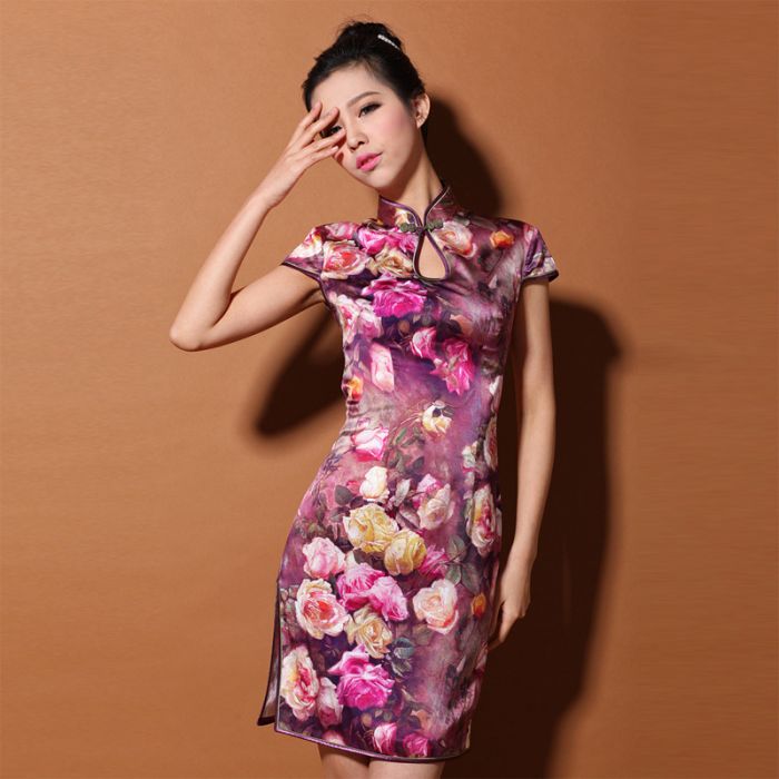 Custom Made Splendid Flowers Silk Cheongsam Qipao Dress