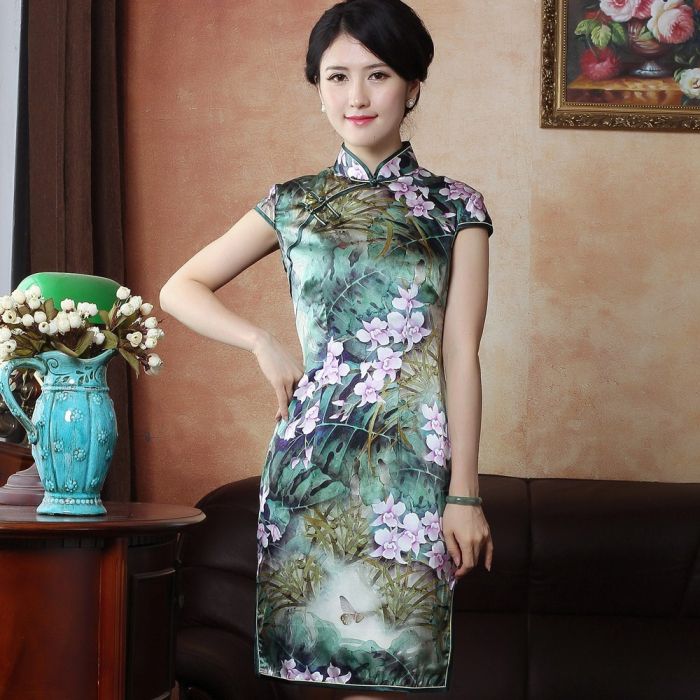 Fantastic Orchids Print Silk Cheongsam Qipao Dress