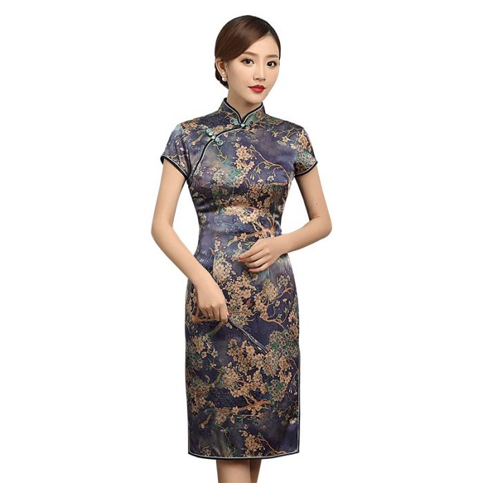 Charming Print Heavy Silk Qipao Cheongsam Dress