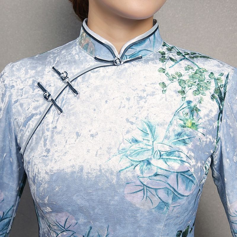 Delightful Floral Print Velvet Cheongsam Qipao Dress - Qipao Cheongsam ...