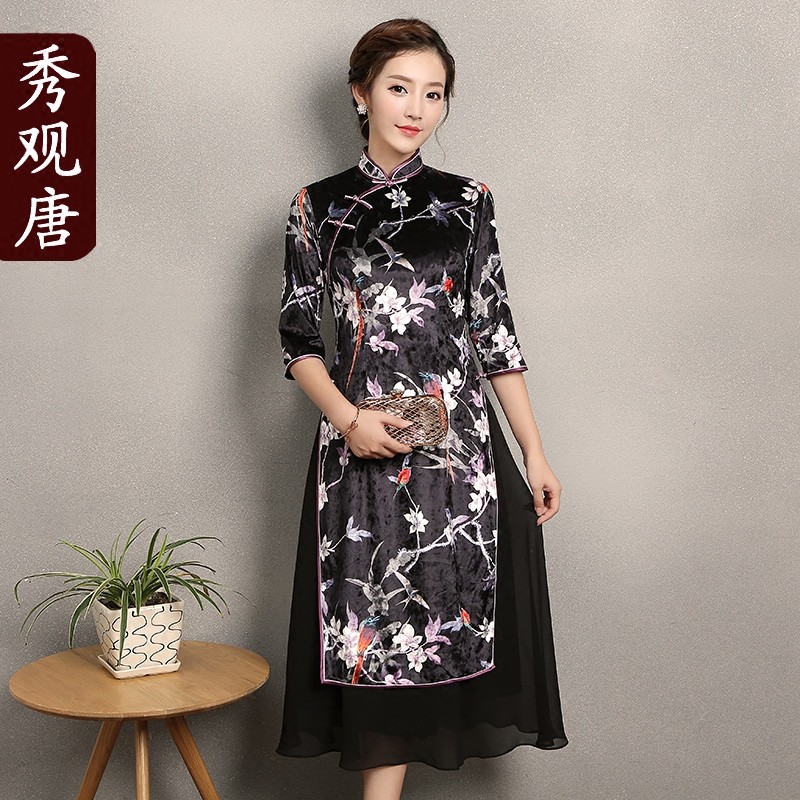 Modern Pretty Two-layer Velvet Cheongsam Qipao Dress - Qipao Cheongsam ...